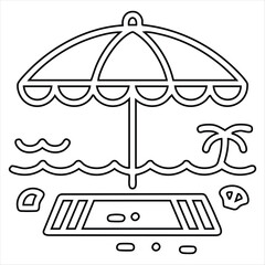 Beach scene with umbrella towel palm tree and waves outline vacation summer