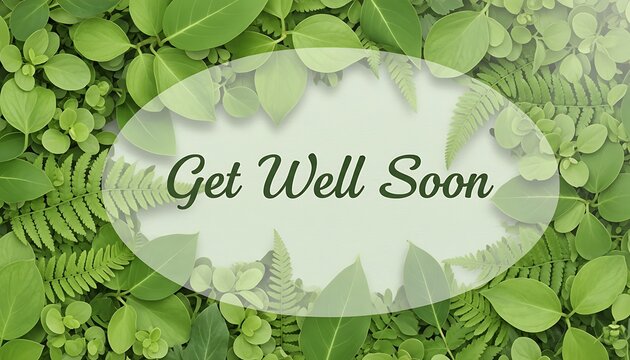 Get well soon message on a frame surrounded by fresh green leaves, conveying wishes for a speedy recovery and good health in a natural setting