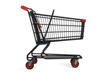 Black shopping cart with red details on wheels and handle, representing retail, consumerism, and purchasing