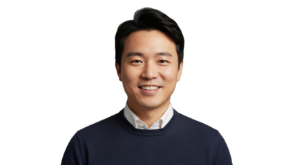 Smiling 39-44 East Asian man, winter resort manager, crisp shirt, wool sweater, isolated on transparent background. Ideal for corporate, hospitality, seasonal business, executive profiles,