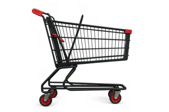 Black shopping cart with red details on wheels and handle, representing retail, consumerism, and purchasing