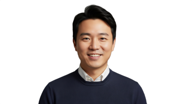 Smiling 39-44 East Asian man, winter resort manager, crisp shirt, wool sweater, isolated on transparent background. Ideal for corporate, hospitality, seasonal business, executive profiles,
