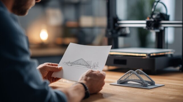 Creative Individual Analyzing Design Plans for a 3D Printed Bridge Model at a Modern Workspace with Advanced Technology