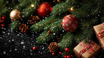 Obraz premium Winter Wonderland of Festive Treasures: A close-up shot capturing the essence of the holidays, showcasing evergreen boughs adorned with ornaments and wrapped presents, evoking warmth, joy.