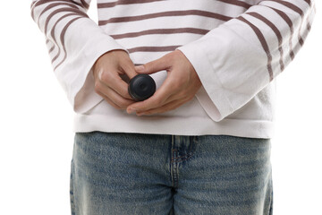 Young woman with hidden spy camera on white background, closeup