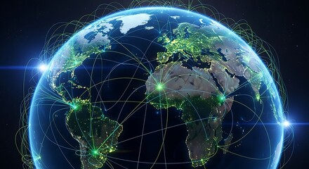 A vibrant globe showcasing global connectivity, highlighting the interconnectedness of continents and countries through a network of illuminated lines and points