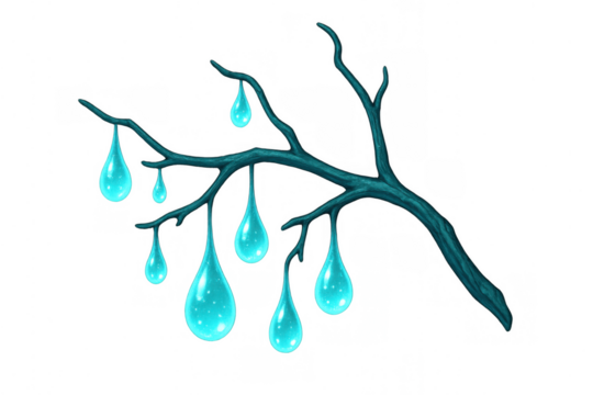 Fantasy branch with glowing blue tear-shaped water drops, surreal illustration for dream, magic, and nature concepts - Powered by Adobe