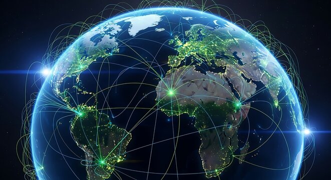 A vibrant globe showcasing global connectivity, highlighting the interconnectedness of continents and countries through a network of illuminated lines and points