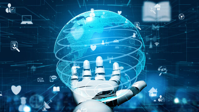 A robotic hand gracefully holds a glowing globe filled with technology icons, symbolizing the future of innovation, connectivity, and digital exploration in a virtual landscape. Xenic - Powered by Adobe