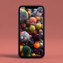 Smartphone mockup with a vibrant abstract image of many colorful, textured spheres