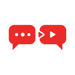 Naklejka premium A red logo featuring two speech bubbles, one with dots and the other with a play button.