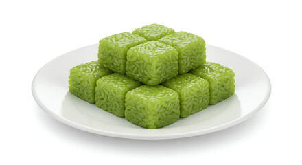 Green lupis cakes served on a white plate with a dense forest background, bringing a natural and traditional Indonesian vibe.