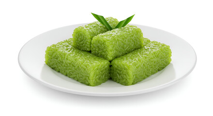 Green lupis cakes served on a white plate with a dense forest background, bringing a natural and traditional Indonesian vibe.