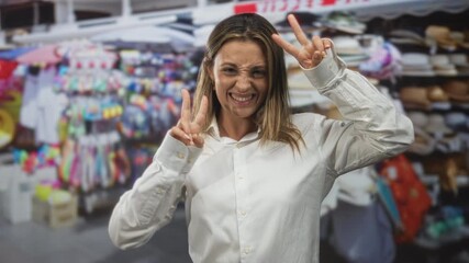 Woman in white shirt smiling and holding up peace signs with hands at outdoor market street stalls; playful travel souvenirs.