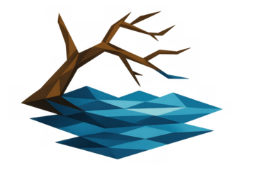 Low poly dead tree branch extending into a body of water, symbolizing environmental crisis and drought, on transparent background