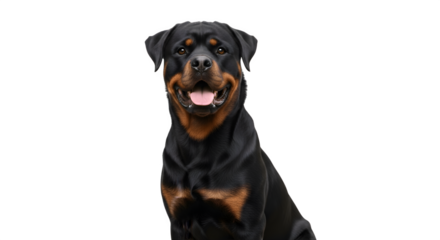 Happy Rottweiler dog sitting and looking at camera.