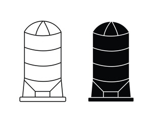 One white and one black silo stand prominently on a white background