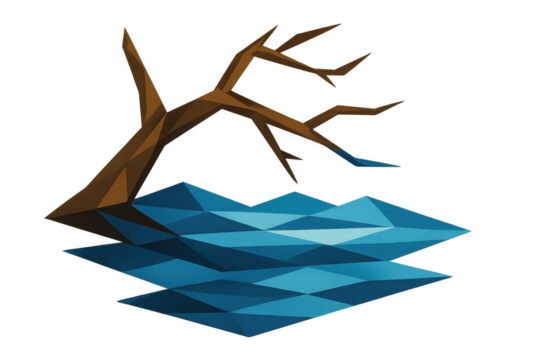 Low poly dead tree branch extending into a body of water, symbolizing environmental crisis and drought, on transparent background