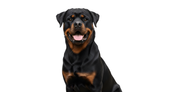 Happy Rottweiler dog sitting and looking at camera.