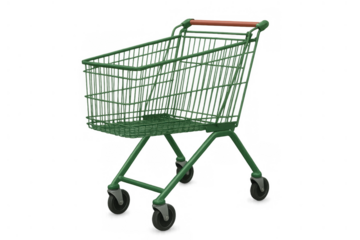 Green shopping cart with orange handle isolated on a transparent background, depicting retail, consumerism, and purchasing