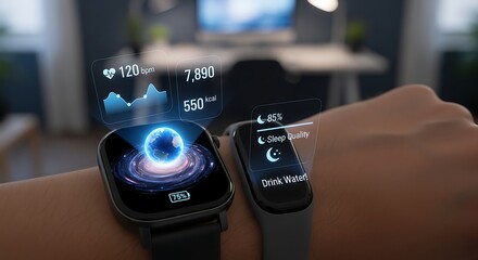 Close up of smart watches on a womans wrist displaying holographic data in a modern home, showcasing the integration of technology and personal wellbeing