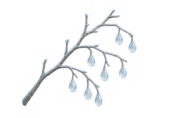 Winter tree branch with glistening ice droplets and snow, showcasing a freezing cold weather concept on transparent background