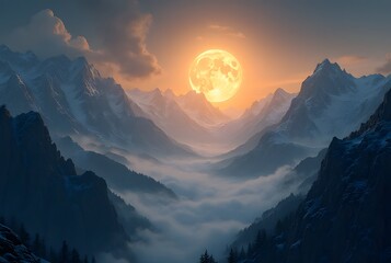 Golden Moonrise Over Mountain Peaks: A panoramic landscape showing a full golden moon rising above rugged mountain peaks, with soft mist drifting between valleys, creating a twilight atmosphere.