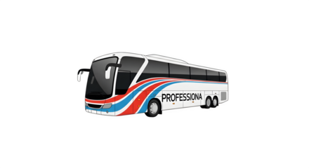 Modern White Tour Bus with Blue and Red Stripes.