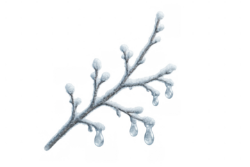 Winter branch covered in white snow, frost, and rime. Icicles dripping from the frozen twigs, transparent background