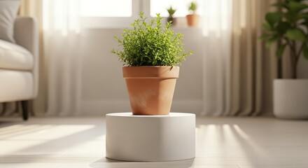 Green Potted Plant on White Pedestal in Sunny Room