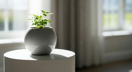 Green Houseplant in White Pot on Modern Table by Sunny Window