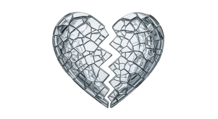 Monochrome illustration of a shattered glass heart broken in two.