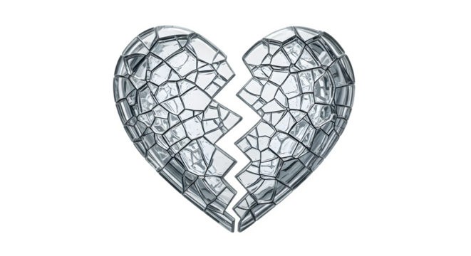 Monochrome illustration of a shattered glass heart broken in two.