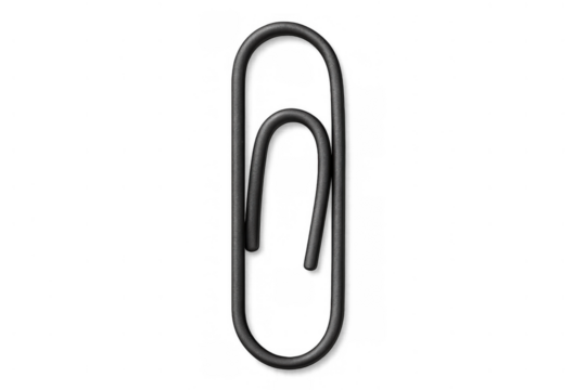 Black paper clip holding papers, symbolizing organization, office work, and connectivity. Realistic metallic fastener with shadow effects