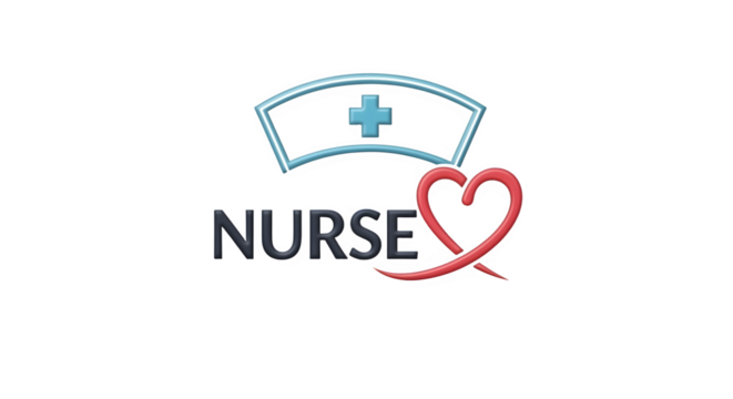 Nurse emblem with a heart and a medical cap representing healthcare and compassion.