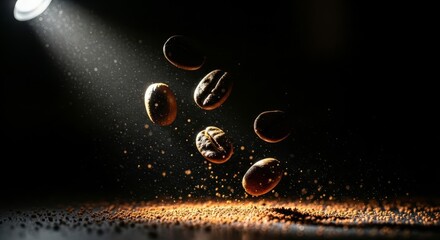 Dynamic Roasted Coffee Beans Falling with Dramatic Lighting