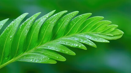 Close up of a vibrant green tropical plant leaf unfurling with dew drops in soft focus jungle background natural lighting detail