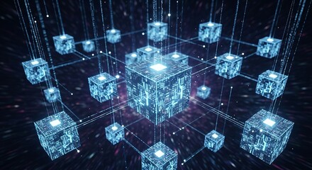Futuristic network of interconnected cubes representing blockchain technology, data transfer, and complex systems in a digital world, showcasing innovation
