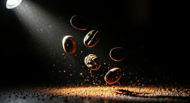 Dynamic Roasted Coffee Beans Falling with Dramatic Lighting