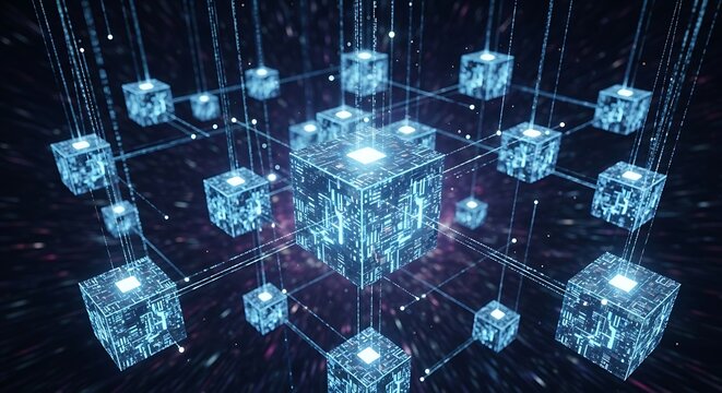 Futuristic network of interconnected cubes representing blockchain technology, data transfer, and complex systems in a digital world, showcasing innovation