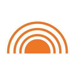 A minimalist graphic design featuring an orange semi-circle composed of three concentric arcs, resembling a stylized rainbow or a rising sun.