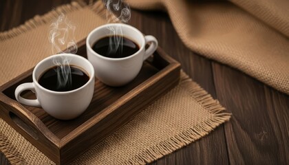 Steaming Hot Black Coffee in White Mugs on Wooden Tray with Burlap