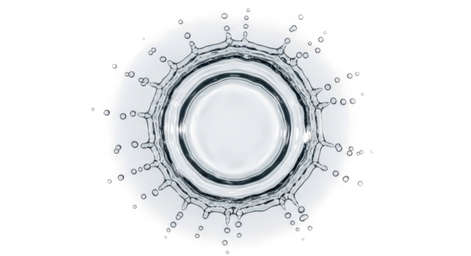 Blue water splash abstract circular water splash with ripples and droplets, isolated on transparent background