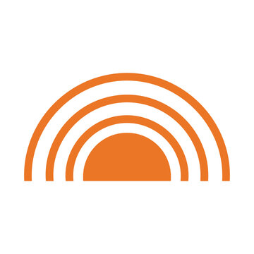 A minimalist graphic design featuring an orange semi-circle composed of three concentric arcs, resembling a stylized rainbow or a rising sun.