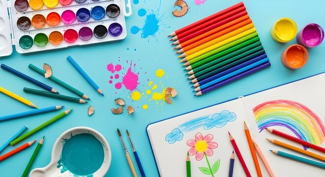 Colorful Art Supplies and Drawings A Creative Workspace for Artists and Hobbyists - Powered by Adobe