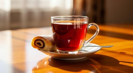 Steaming Hot Tea and Sweet Roll on Wooden Table