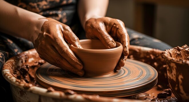 Clay forming on a spinning pottery wheel Crafting, creativity, and artistry