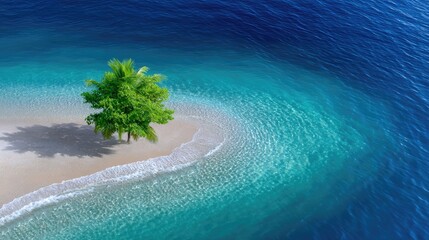 Lone Green Tree Rests On A Small Sandy Island Surrounded By Shimmering Turquoise And Deep Blue Ocean Waters Under Bright Sunlight