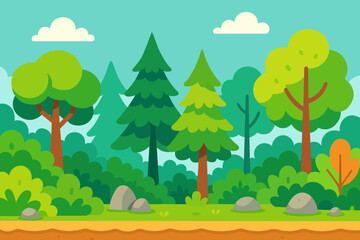 Flat Forest Landscape with Green Trees, Bushes, and Rocks under Blue Sky in Minimal Cartoon Style for Nature Background and Outdoor Illustration Design