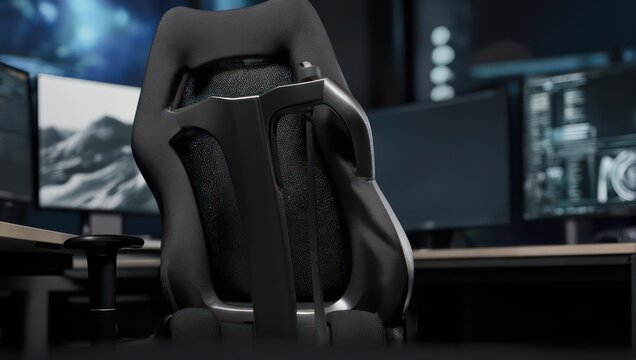Ergonomic Office Chair in a Modern Workspace with Multiple Monitors.